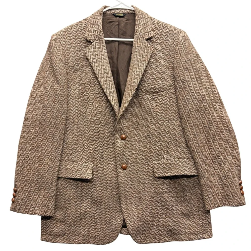 Harris Tweed Herringbone Wool Blazer Brown Mens 44R Sport Coat USA Vintage